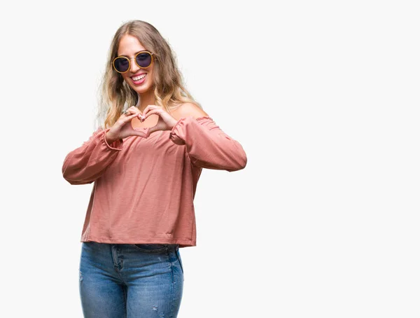 Beautiful Young Blonde Woman Wearing Retro Sunglasses Isolated Background Smiling — Stock Photo, Image