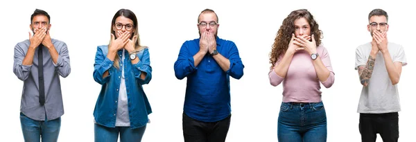 Collage Grupp Casual Ungdomar Över Isolerade Bakgrund Chockad Som Täcker — Stockfoto