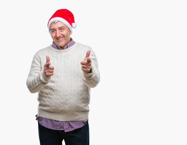 Bonito Homem Sênior Usando Chapéu Natal Sobre Fundo Isolado Apontando — Fotografia de Stock