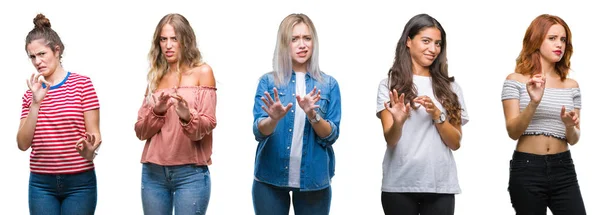 Collage Van Jonge Mooie Handgraap Van Vrouwen Geïsoleerde Achtergrond Walgen — Stockfoto