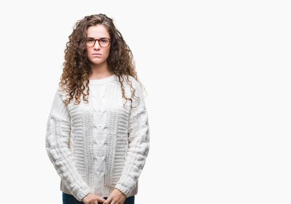 Beautiful Brunette Curly Hair Young Girl Wearing Winter Sweater Isolated — Stock Photo, Image