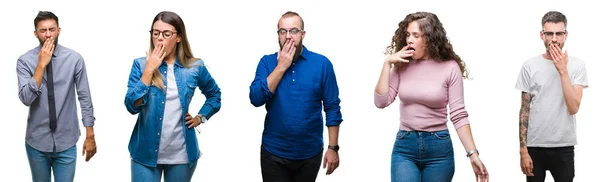 Колаж Групи Молодих Випадкових Людей Ізольованому Фоні Нудно Позіхання Втомленого — стокове фото