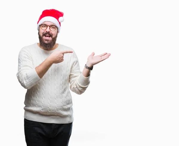 Joven Hombre Caucásico Con Sombrero Navidad Gafas Sobre Fondo Aislado — Foto de Stock