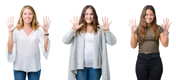 Collage Grupo Tres Jóvenes Hermosas Mujeres Sobre Fondo Blanco Aislado —  Fotos de Stock