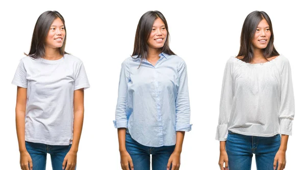 Collage Jeune Femme Asiatique Debout Sur Fond Blanc Isolé Regardant — Photo