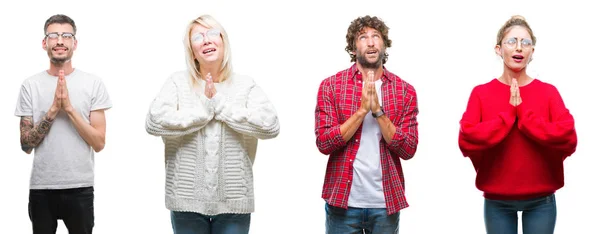 Collage Group Young People White Isolated Background Begging Praying Hands — Stock Photo, Image