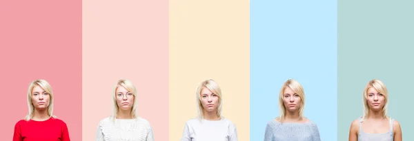 Collage Vacker Blond Kvinna Över Färgglada Ränder Isolerade Bakgrund Avslappnad — Stockfoto