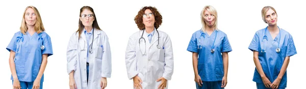 Колаж Групи Професійних Жінок Лікарів Над Білим Ізольованим Тлом Робить — стокове фото