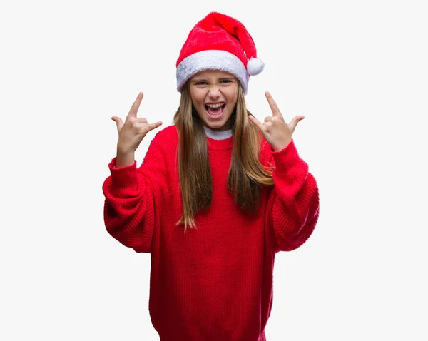 Fiatal Gyönyörű Lány Visel Karácsonyi Kalapot Mint Őrült Kifejezés Csinál — Stock Fotó