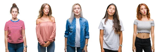 Collage Von Jungen Schönen Frauen Über Isoliertem Hintergrund Die Fischgesicht — Stockfoto