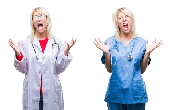 Collage Doctor Nurse Woman White Isolated Background Crazy Mad Shouting — Stock Photo, Image
