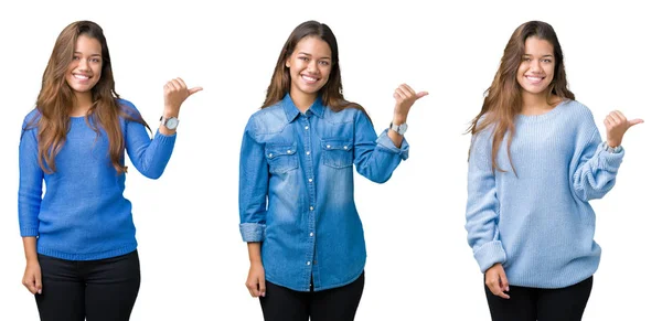 Collage Vackra Unga Kvinnan Över Isolerade Bakgrund Leende Med Glada — Stockfoto