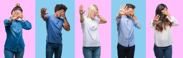 Collage Einer Gruppe Junger Lässiger Menschen Vor Buntem Isoliertem Hintergrund — Stockfoto