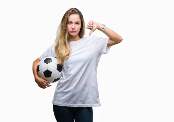 Junge Schöne Blonde Frau Mit Fußballball Vor Isoliertem Hintergrund Mit — Stockfoto