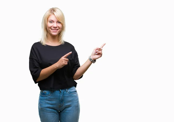 Young Beautiful Blonde Woman Isolated Background Smiling Looking Camera Pointing — Stock Photo, Image