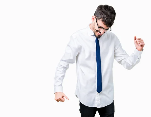 Young Handsome Business Man Wearing Glasses Isolated Background Dancing Happy — Stock Photo, Image