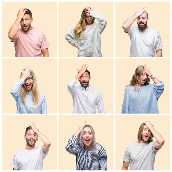 Collage of group people, women and men over colorful yellow isolated background surprised with hand on head for mistake, remember error. Forgot, bad memory concept.