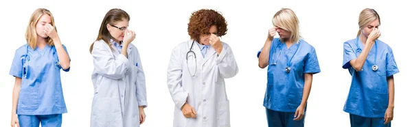 Collage Einer Gruppe Professioneller Ärztinnen Vor Weißem Isoliertem Hintergrund Die — Stockfoto