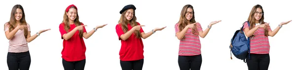 Collage Van Mooie Jonge Vrouw Geïsoleerde Achtergrond Verbaasd Lachend Naar — Stockfoto