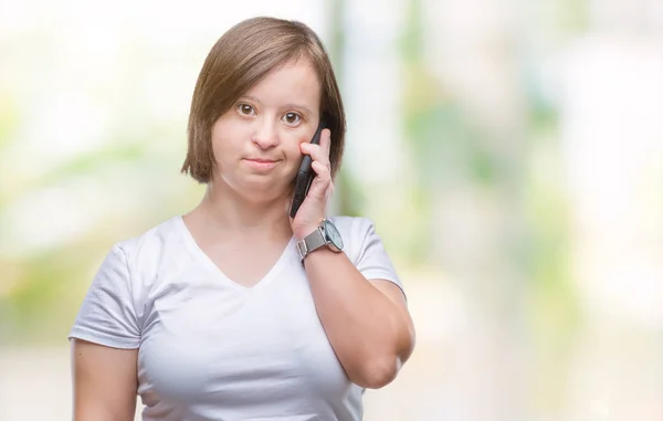 Mujer Adulta Joven Con Síndrome Usando Teléfono Inteligente Sobre Fondo — Foto de Stock