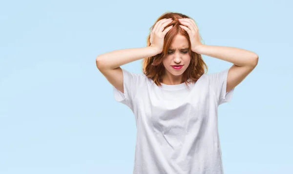 Jonge Mooie Vrouw Geïsoleerde Achtergrond Die Lijdt Aan Hoofdpijn Wanhopig — Stockfoto