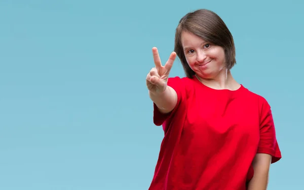 Mujer Adulta Joven Con Síndrome Sobre Fondo Aislado Sonriendo Con —  Fotos de Stock