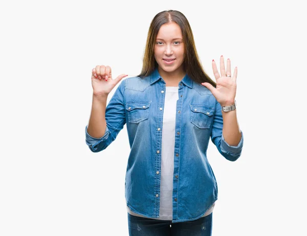 Young Caucasian Beautiful Woman Isolated Background Showing Pointing Fingers Number — Stock Photo, Image