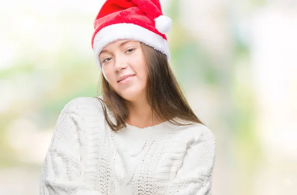 Giovane Bella Donna Caucasica Indossa Cappello Natale Sfondo Isolato Volto — Foto Stock