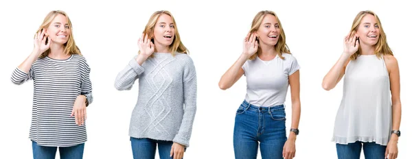 Collage Vacker Blond Kvinna Över Vit Isolerade Bakgrund Ler Med — Stockfoto