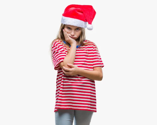 Menina Bonita Nova Vestindo Chapéu Natal Sobre Fundo Isolado Pensando — Fotografia de Stock