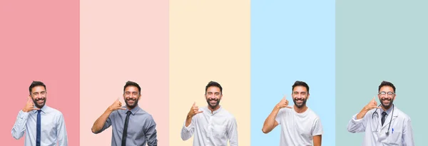 Colagem Homem Bonito Sobre Listras Coloridas Fundo Isolado Sorrindo Fazendo — Fotografia de Stock