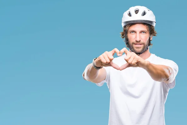 Handsome Hispanic Cyclist Man Wearing Safety Helmet Isolated Background Smiling — Stock Photo, Image