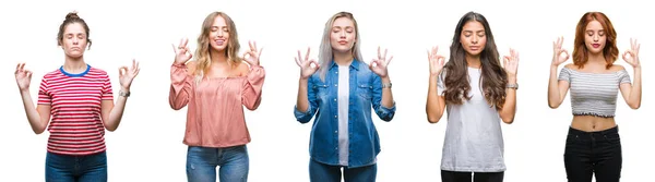 Collage Van Jonge Mooie Handgraap Van Vrouwen Geïsoleerde Achtergrond Ontspannen — Stockfoto