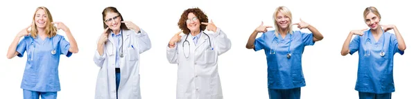 Collage Grupo Médicos Profesionales Mujeres Sobre Fondo Blanco Aislado Sonriendo — Foto de Stock