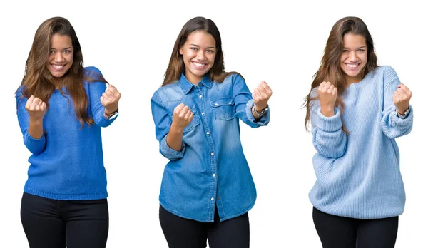 Colagem Bela Jovem Sobre Fundo Isolado Muito Feliz Animado Fazendo — Fotografia de Stock