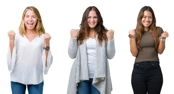 Colagem Grupo Três Jovens Mulheres Bonitas Sobre Fundo Isolado Branco — Fotografia de Stock