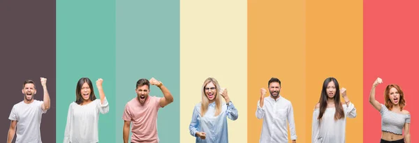 Collage Different Ethnics Young People Colorful Stripes Isolated Background Angry — Stock Photo, Image