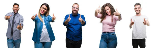 Collage Van Groep Jongeren Casual Geïsoleerde Achtergrond Goed Keuren Duimen — Stockfoto