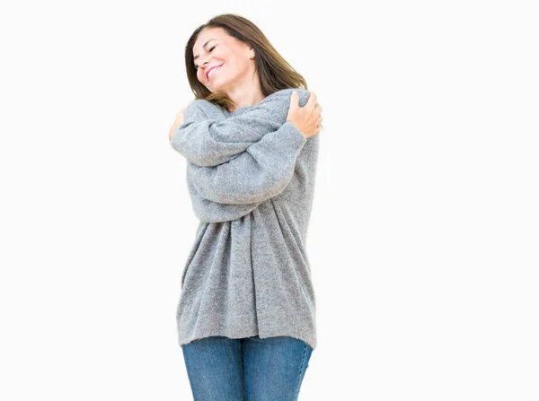 Schöne Frau Mittleren Alters Die Winterpullover Über Isoliertem Hintergrund Trägt — Stockfoto