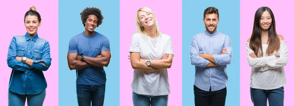 Collage Einer Gruppe Junger Lässiger Menschen Vor Buntem Isoliertem Hintergrund — Stockfoto