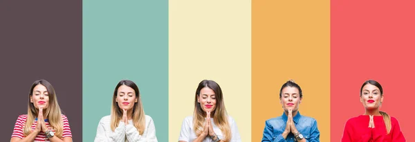 Collage Young Beautiful Woman Colorful Vintage Isolated Background Praying Hands — Stock Photo, Image