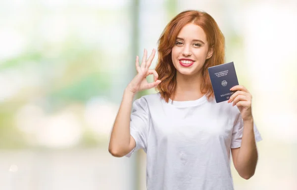 Młoda Kobieta Piękne Paszportem Niemcy Białym Tle Robi Znak Palcami — Zdjęcie stockowe
