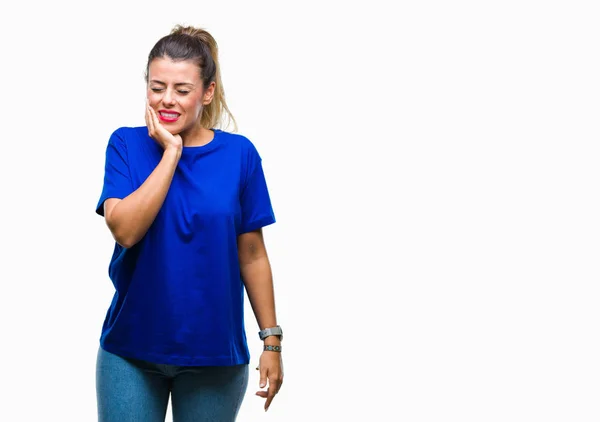 Mujer Hermosa Joven Que Usa Una Camiseta Azul Casual Sobre — Foto de Stock