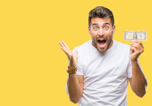 Joven Hombre Guapo Sosteniendo Dólares Sobre Fondo Aislado Muy Feliz — Foto de Stock