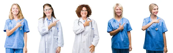 Collage Grupp Professionella Läkare Kvinnor Över Isolerade Vitbakgrund Glada Med — Stockfoto