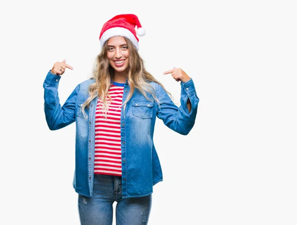 Hermosa Mujer Rubia Joven Con Sombrero Navidad Sobre Fondo Aislado —  Fotos de Stock