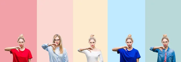 Collage Von Schönen Blonden Frau Über Bunten Streifen Isoliert Hintergrund — Stockfoto