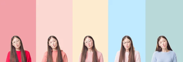 Коллаж Красивой Азиатской Женщины Красочных Полосах Изолированный Фон Делает Лицо — стоковое фото