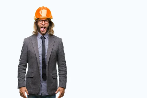 Jovem Arquiteto Bonito Homem Com Cabelos Longos Usando Capacete Segurança — Fotografia de Stock