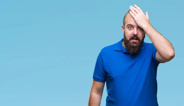 Joven Hombre Hipster Caucásico Con Camisa Azul Sobre Fondo Aislado —  Fotos de Stock